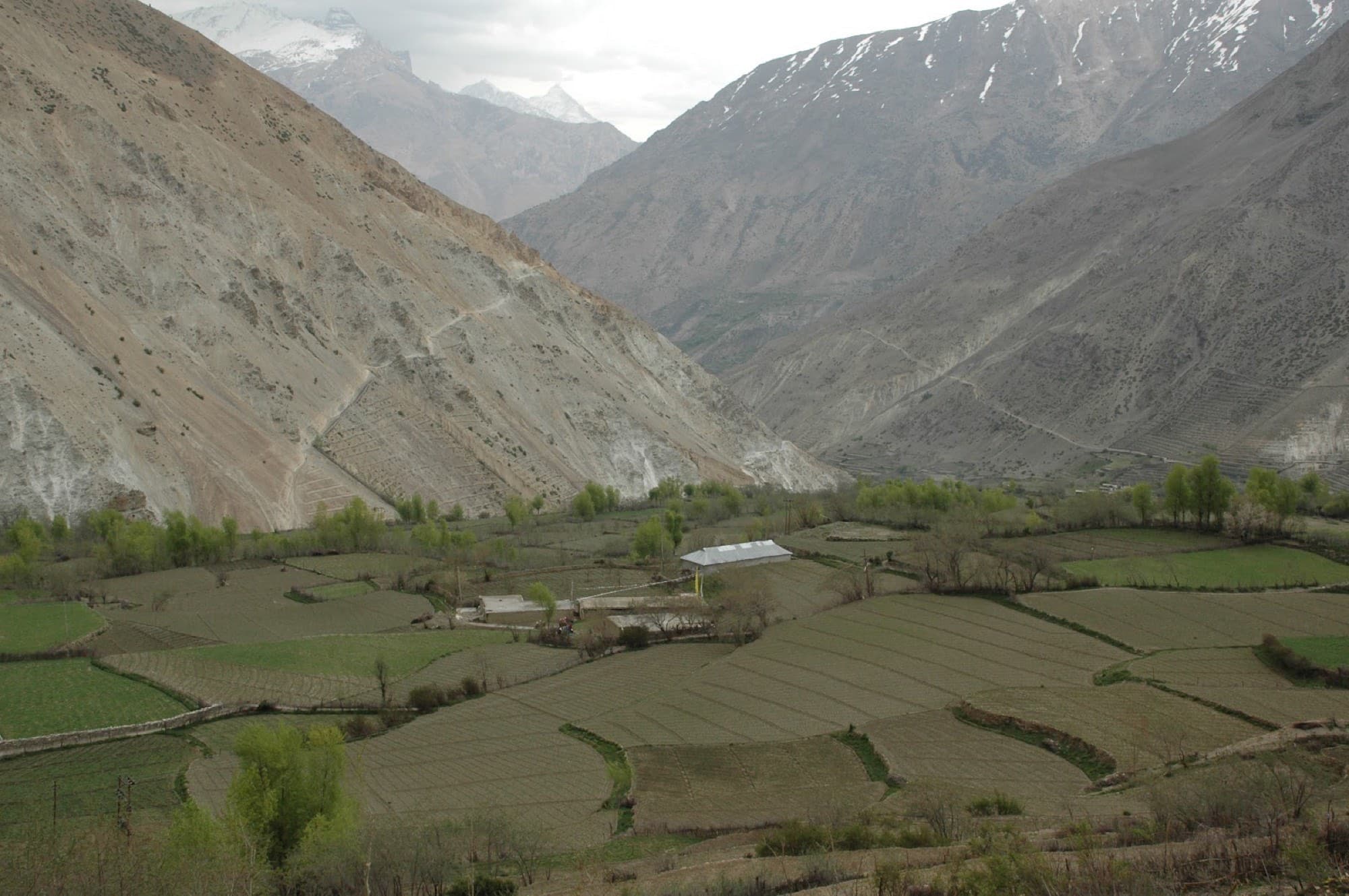 A Kinnaur mountain village with terraced fields below high peaks