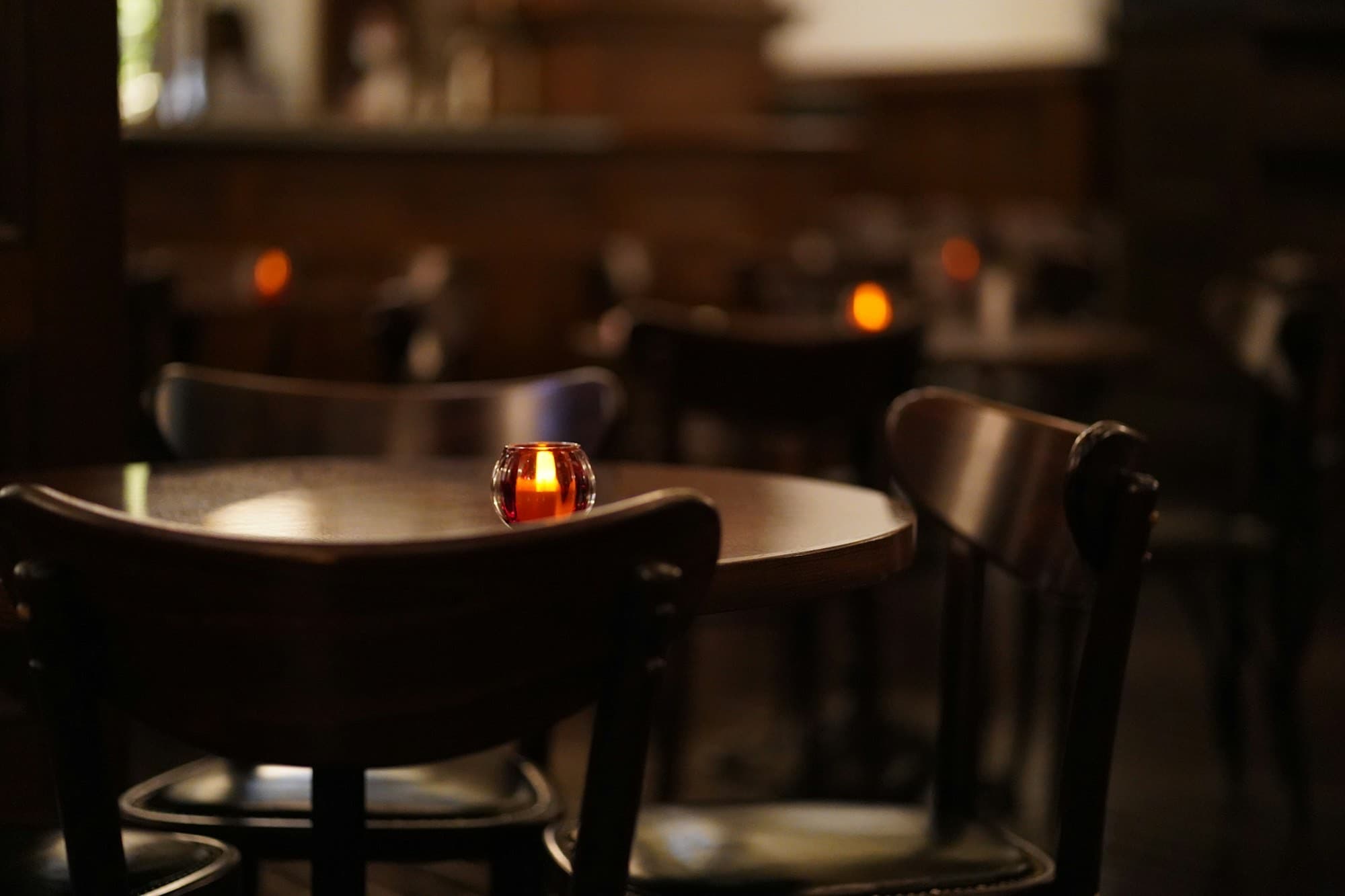 The café fireplace lit for an evening meal
