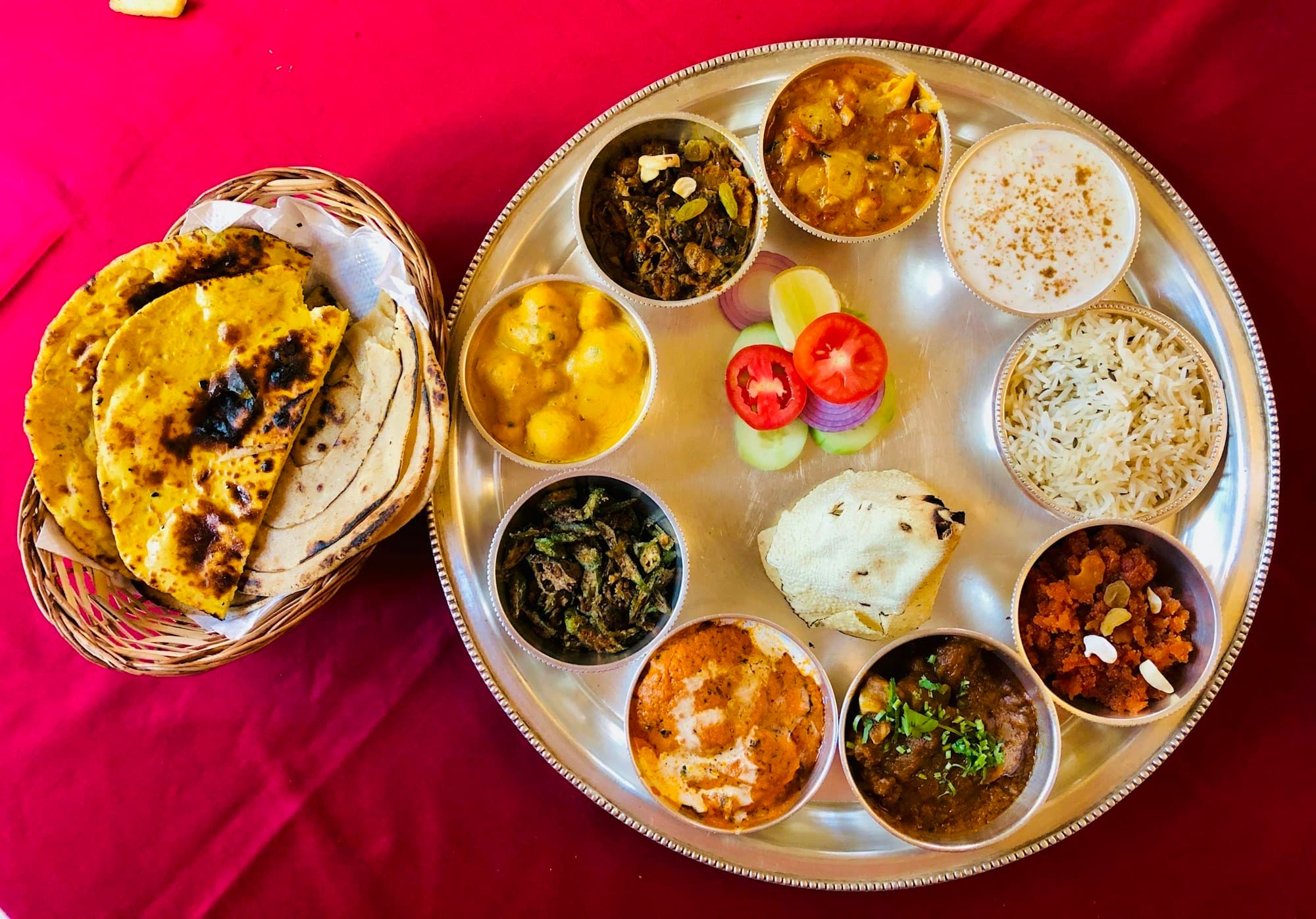 A full Himachali thali with rajma, rice, roti and pickle